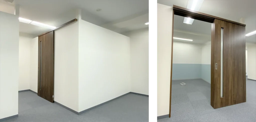 施工実績写真 LGS造作壁 壁紙クロス張り 木製建具工事(上吊り戸引き戸、ウォールナット) 法人専門内装プロ